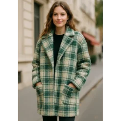Tissu Bouclette Manteau Tartan Vert & Écru