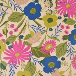 Tissu canva Loricette type bachette motif fleurs bleues et roses fond écru