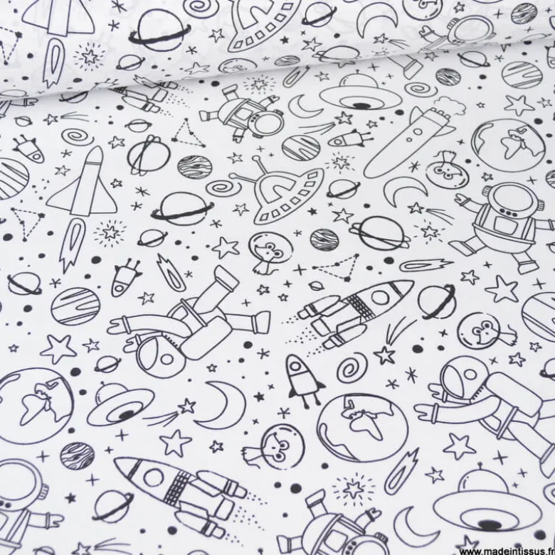Tissu à colorier Cosmicolo motifs fusée, planète et cosmonaute - Oeko tex