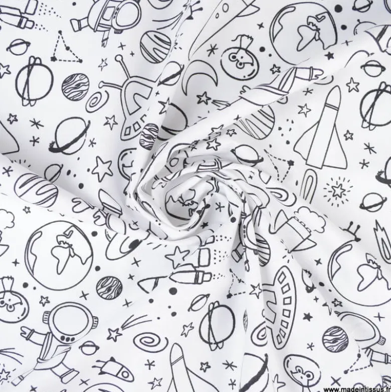 Tissu à colorier Cosmicolo motifs fusée, planète et cosmonaute - Oeko tex