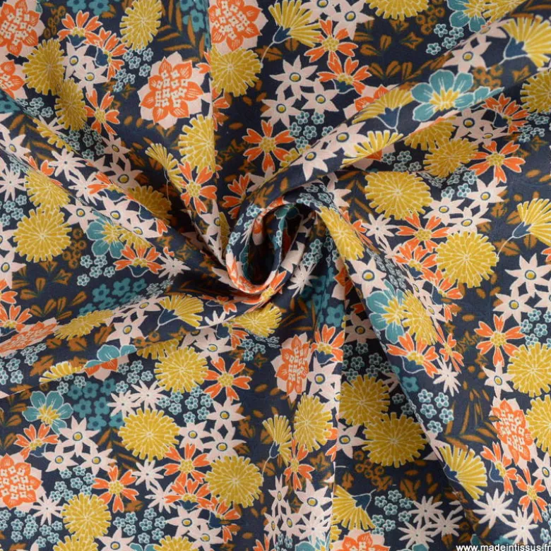 Tissu coton Akemi motif fleurs fond Matine - OEKO TEX