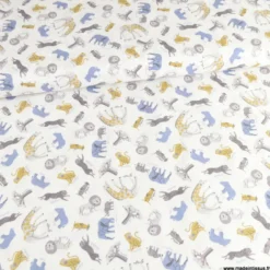Tissu coton Baobab motif animaux de la savane et Baobabs fond blanc