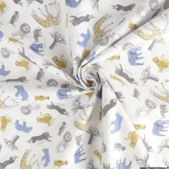 Tissu coton Baobab motif animaux de la savane et Baobabs fond blanc