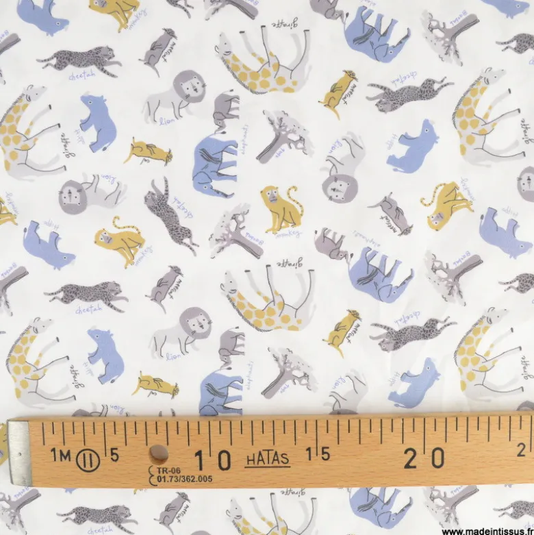 Tissu coton Baobab motif animaux de la savane et Baobabs fond blanc