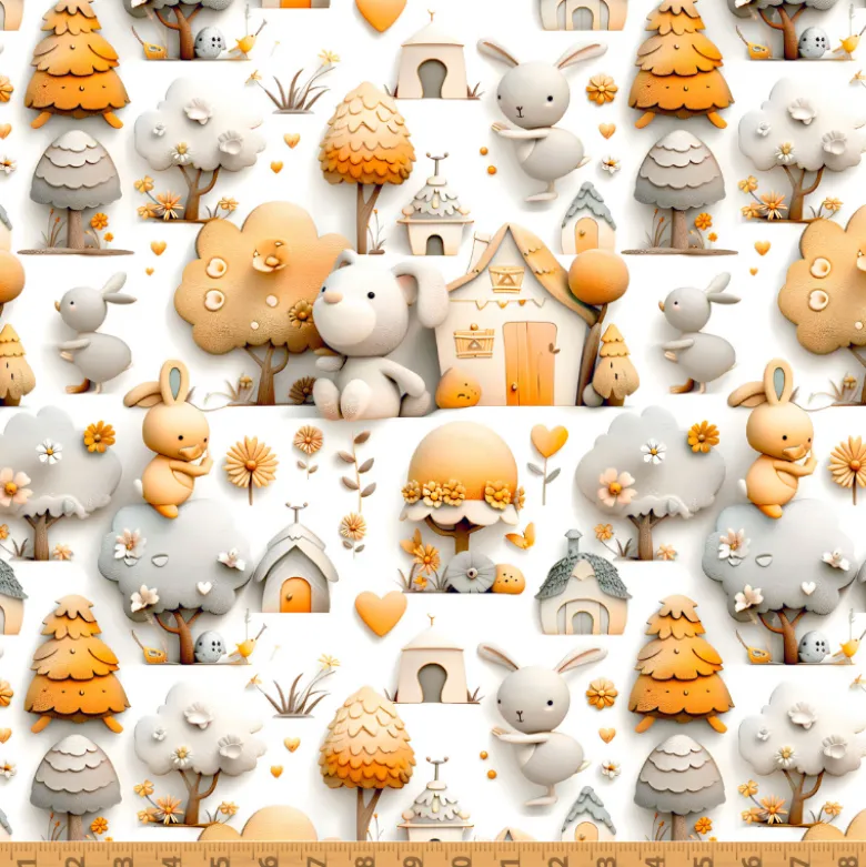 Tissu coton Barri façon 3D - Motif animaux et Maisons orange