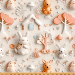 Tissu coton Bellott façon 3D - Motif animaux et Maisons féérique