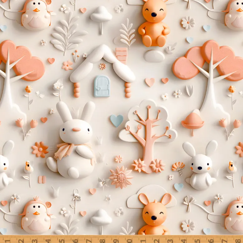 Tissu coton Bellott façon 3D - Motif animaux et Maisons féérique