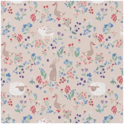 Tissu coton Berries – motif canards, moutons et lapins – fond gris