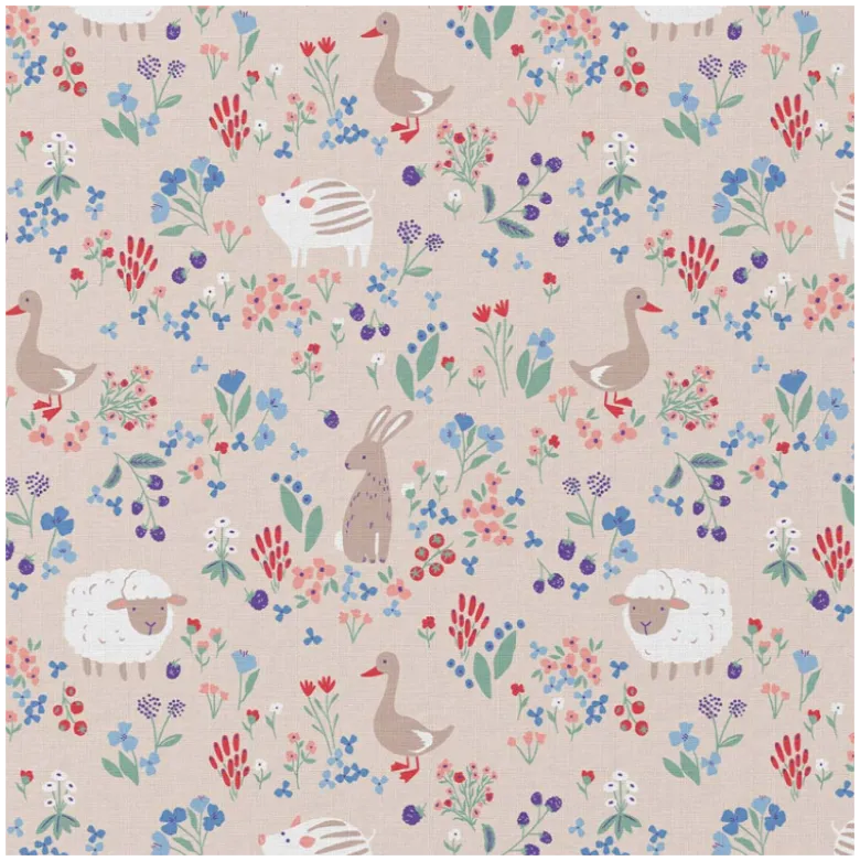Tissu coton Berries – motif canards, moutons et lapins – fond gris
