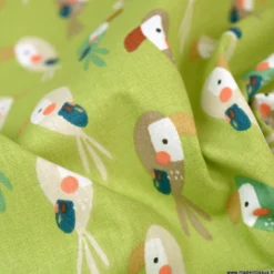 Tissu coton Bio Djikene motifs Toucans fond guacamole -OEKO TEX