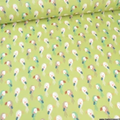 Tissu coton Bio Djikene motifs Toucans fond guacamole -OEKO TEX