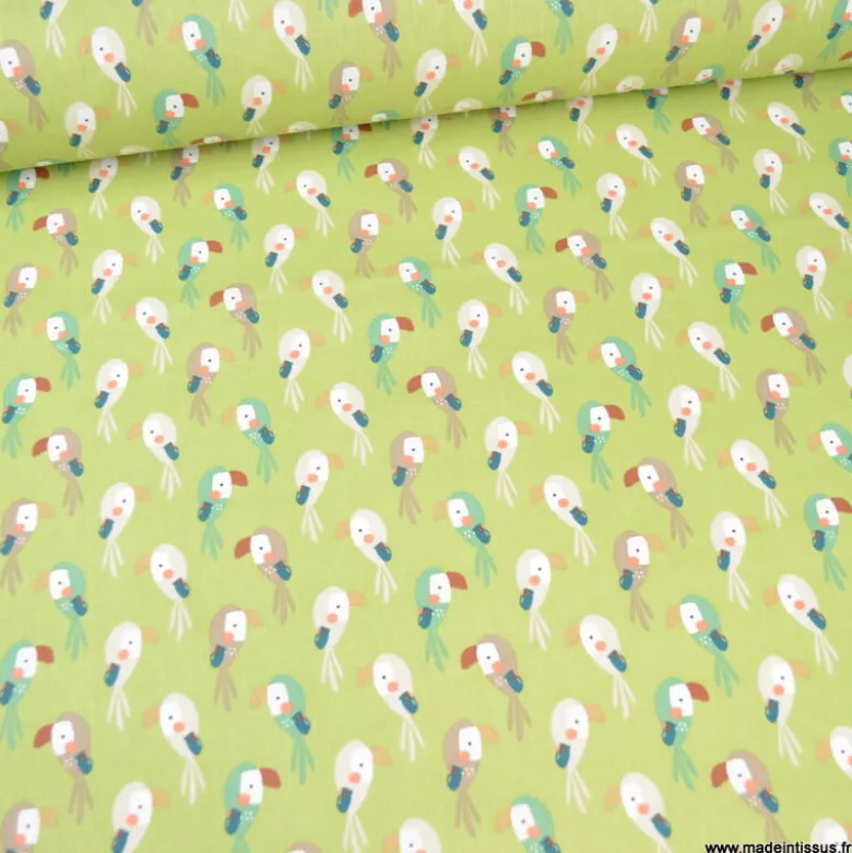 Tissu coton Bio Djikene motifs Toucans fond guacamole -OEKO TEX