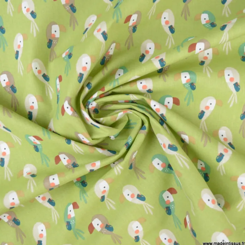 Tissu coton Bio Djikene motifs Toucans fond guacamole -OEKO TEX