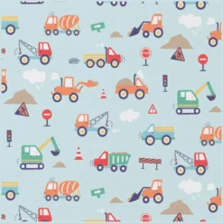 Tissu coton Camions – engins de chantier et panneaux sur fond bleu ciel -OEKO TEX