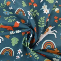 Tissu coton Cassiopée - Motif animaux et licornes fond pétrole