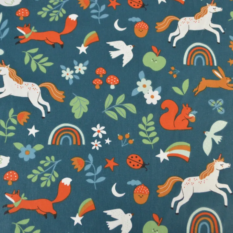 Tissu coton Cassiopée - Motif animaux et licornes fond pétrole