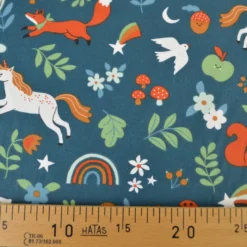Tissu coton Cassiopée - Motif animaux et licornes fond pétrole