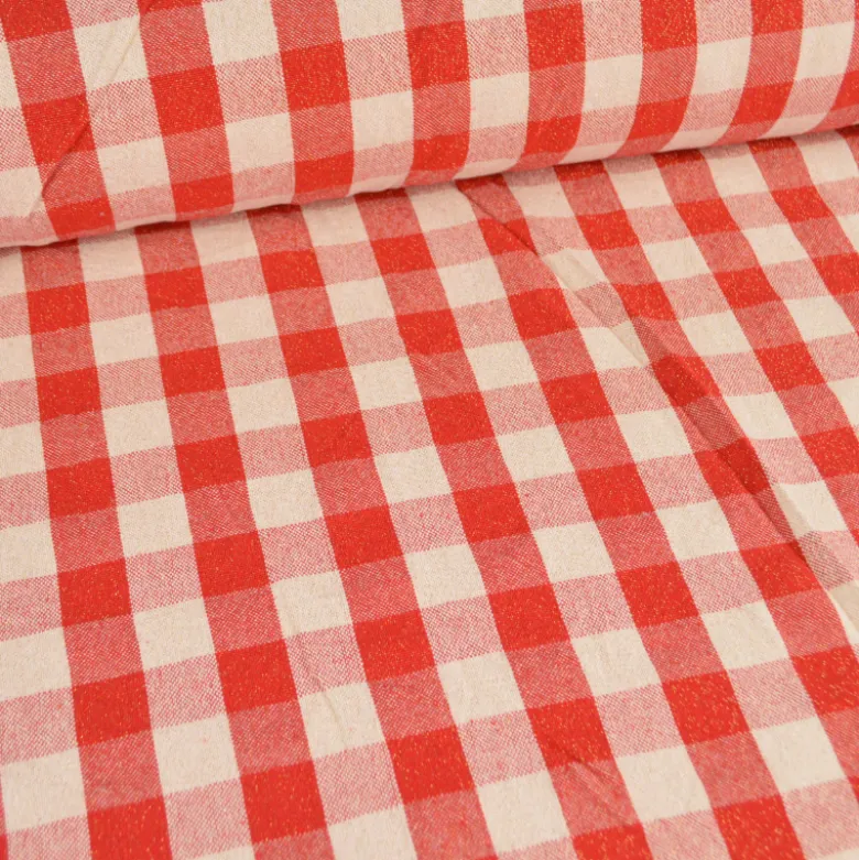 Tissu coton Celestin Lurex doré à grands carreaux Vichy rouge et blanc