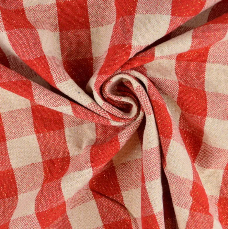 Tissu coton Celestin Lurex doré à grands carreaux Vichy rouge et blanc