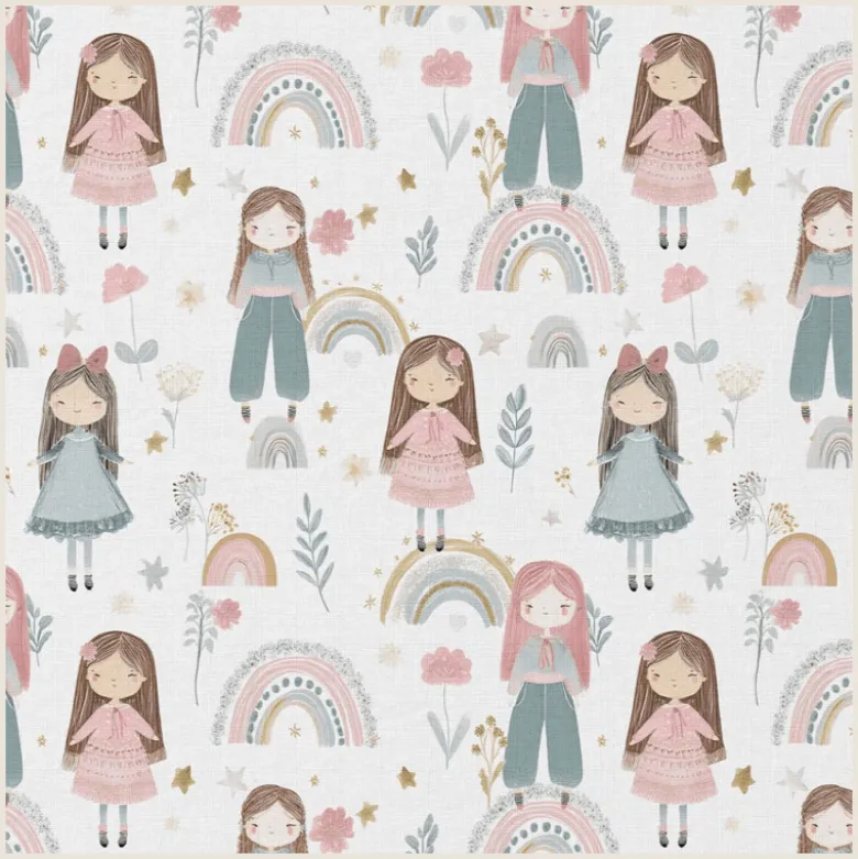Tissu coton cretonne Talina – fillettes et arcs-en-ciel fond blanc