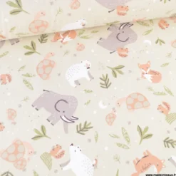 Tissu coton Cromignon motif animaux préhistoriques fond lin - OEKO TEX