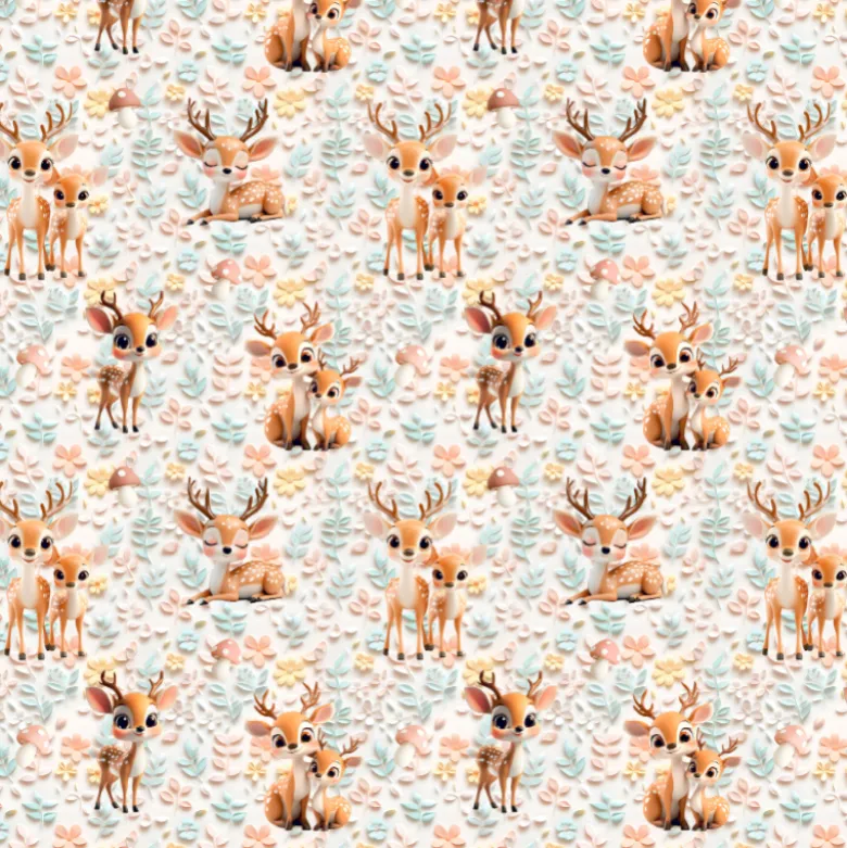 Tissu coton 3D Magi Deer - Motif Faons et champignons
