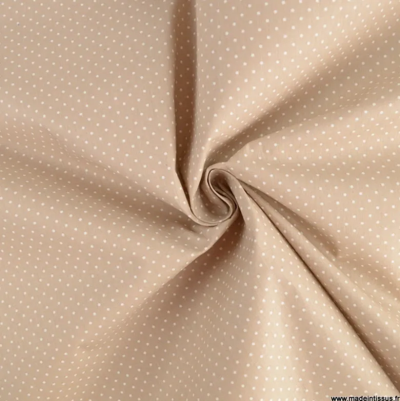 Tissu coton déperlant motifs Pois blanc fond Sable -Oeko tex