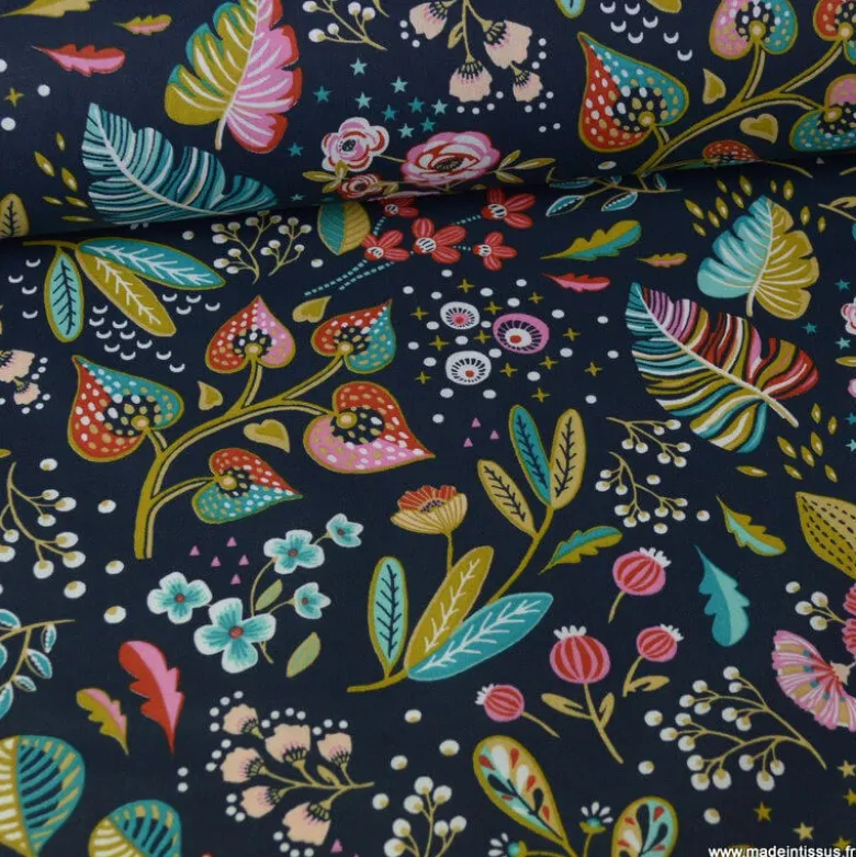 Tissu coton Enduit Ancolie motifs fleurs ardoise