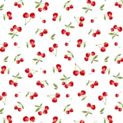 Tissu coton Enduit cerises fond blanc