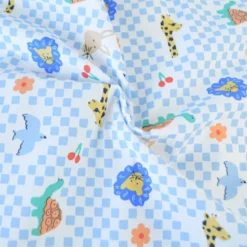 Tissu coton Enduit Joe motif carreaux bleus et blanc et animaux