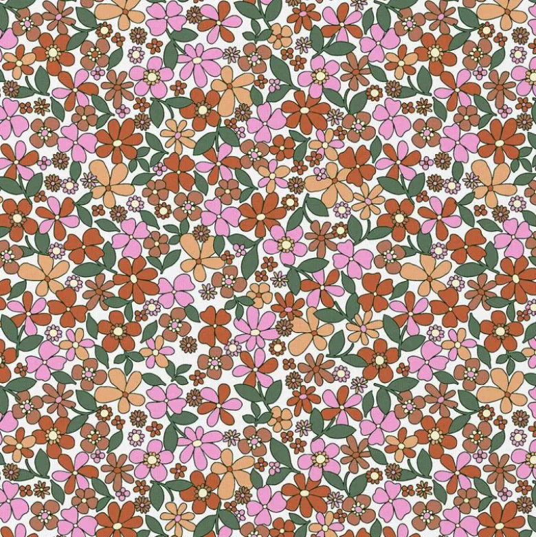 Tissu coton Enduit Josette motif fleurs roses fond blanc