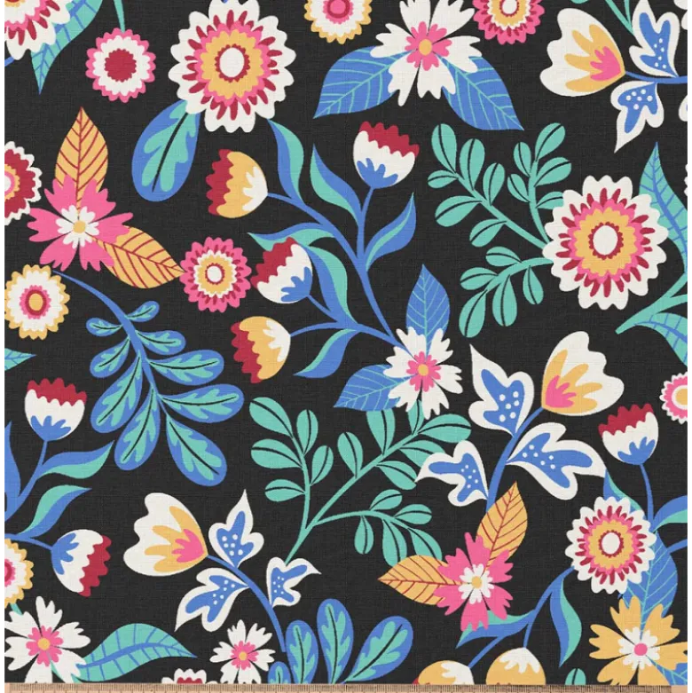 Tissu coton Enduit Kaleria motif fleurs fond noir