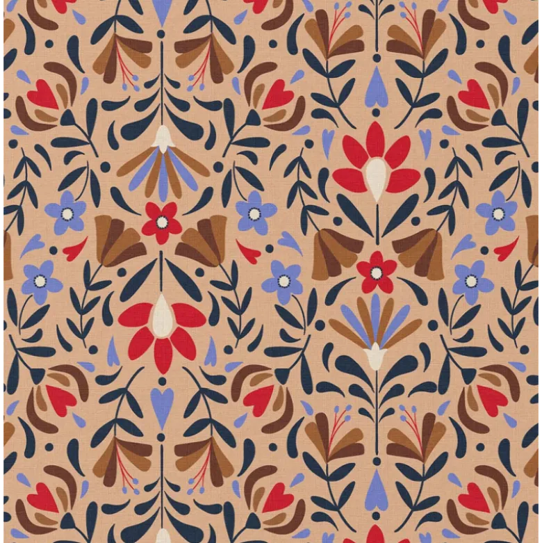 Tissu coton Enduit Lafleur motif fleurs fond beige