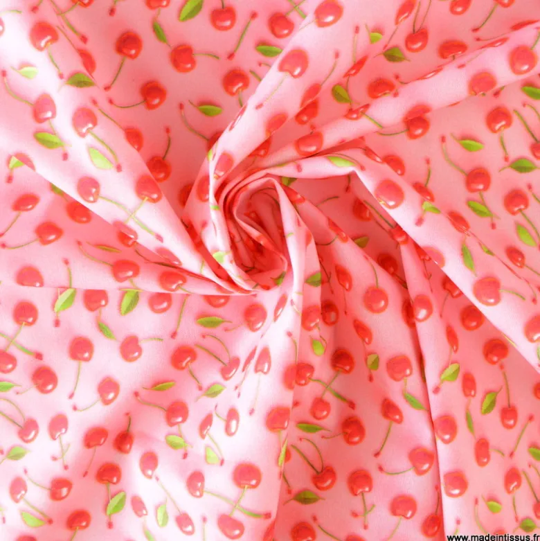 Tissu coton enduit motif cerises 3D – Fond rose pastel