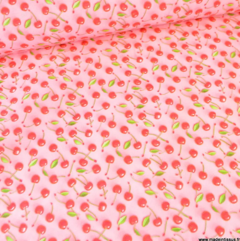 Tissu coton enduit motif cerises 3D – Fond rose pastel