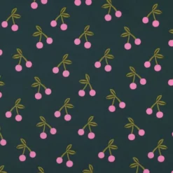 Tissu coton Enduit motifs cerises fond vert foncé