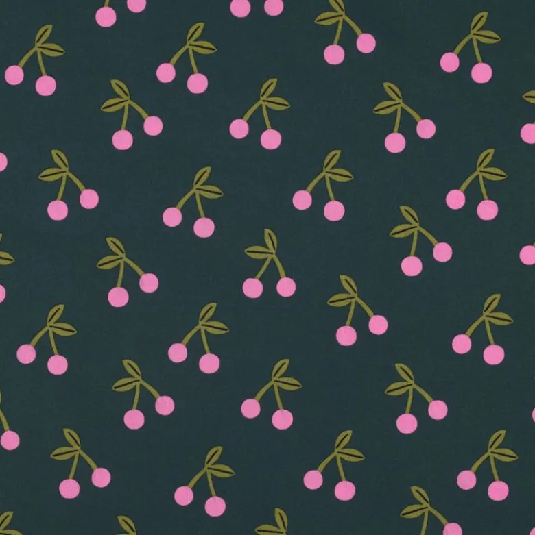 Tissu coton Enduit motifs cerises fond vert foncé