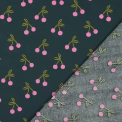 Tissu coton Enduit motifs cerises fond vert foncé