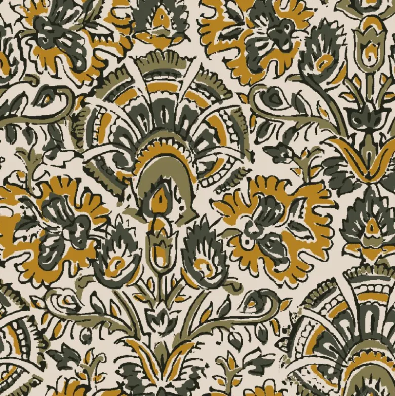 Tissu coton Enduit Nasik motif fleurs Indiennes Kaki et moutarde