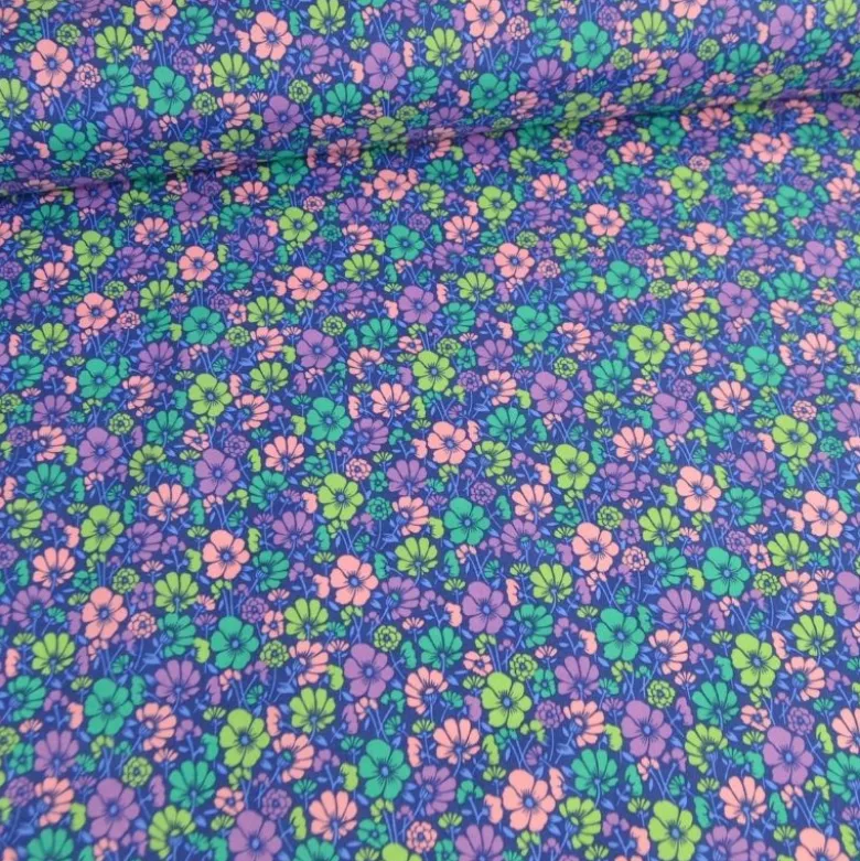 Tissu coton enduit petites fleurs vintage vertes et parme - Poppy