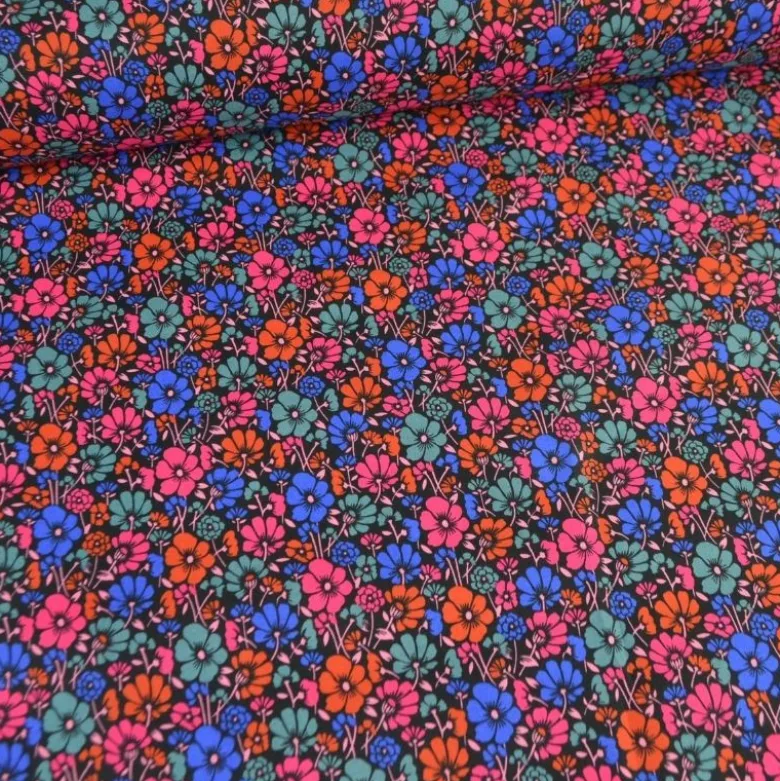 Tissu coton enduit petites fleurs vintage bleues et rouge - Poppy