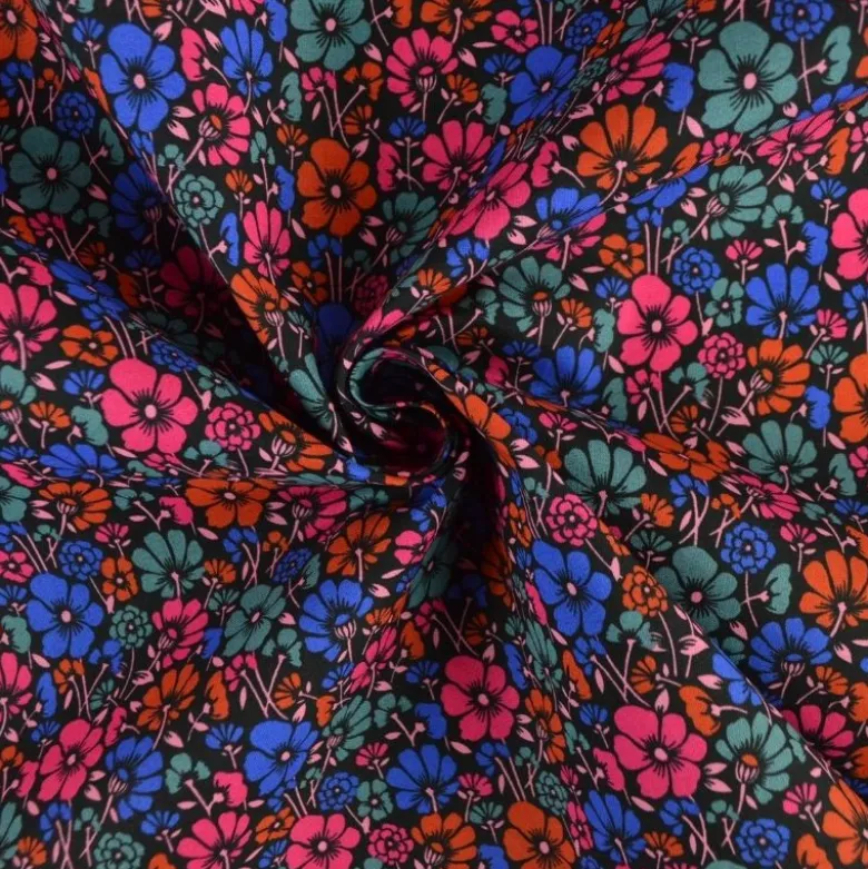 Tissu coton enduit petites fleurs vintage bleues et rouge - Poppy