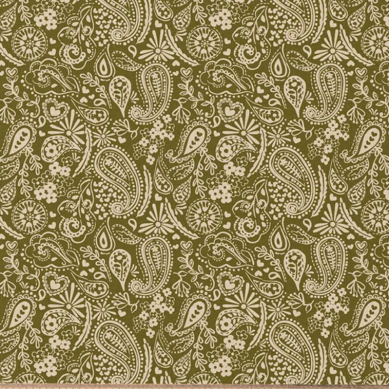 Tissu coton Enduit Sadya motif fleurs Indiennes vert et écru