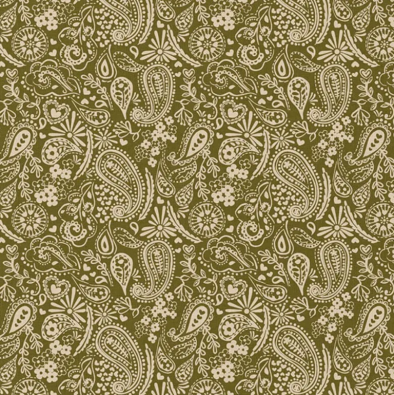 Tissu coton Enduit Sadya motif fleurs Indiennes vert et écru