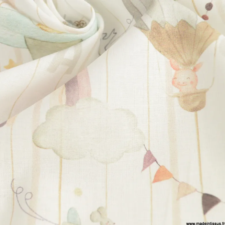 Tissu Coton Eolia motif animaux, avions et montgolfières - OEKO TEX