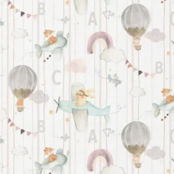 Tissu Coton Eolia motif animaux, avions et montgolfières - OEKO TEX