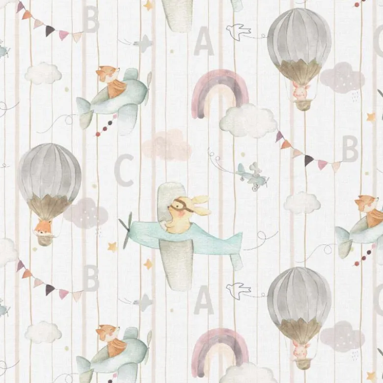 Tissu Coton Eolia motif animaux, avions et montgolfières - OEKO TEX