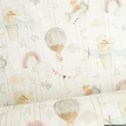 Tissu Coton Eolia motif animaux, avions et montgolfières - OEKO TEX