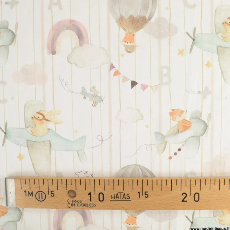 Tissu Coton Eolia motif animaux, avions et montgolfières - OEKO TEX