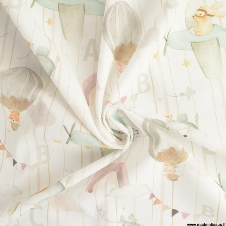 Tissu Coton Eolia motif animaux, avions et montgolfières - OEKO TEX